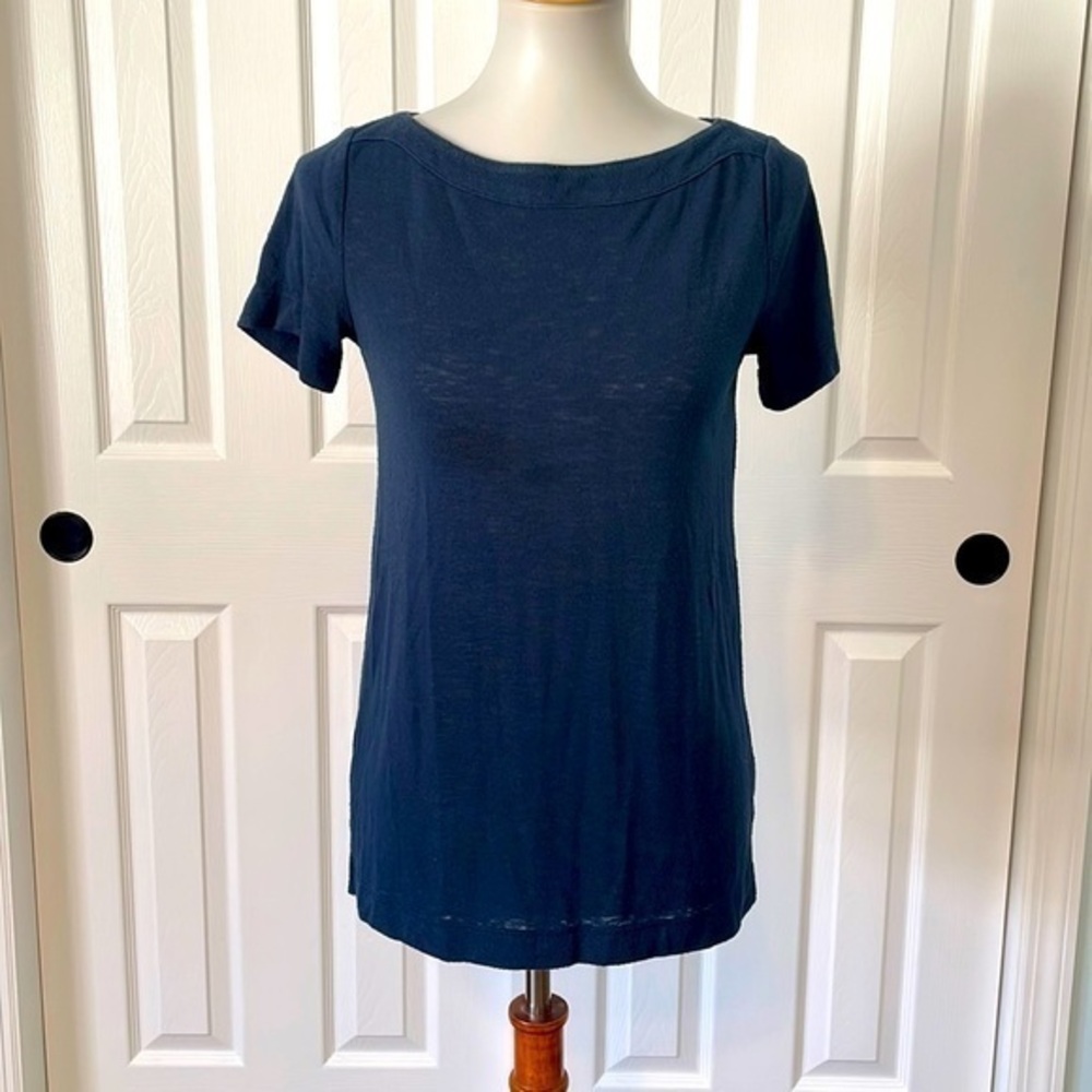 Ann Taylor Loft semi sheer short sleeve navy blue T-shirt with thick wide neck.